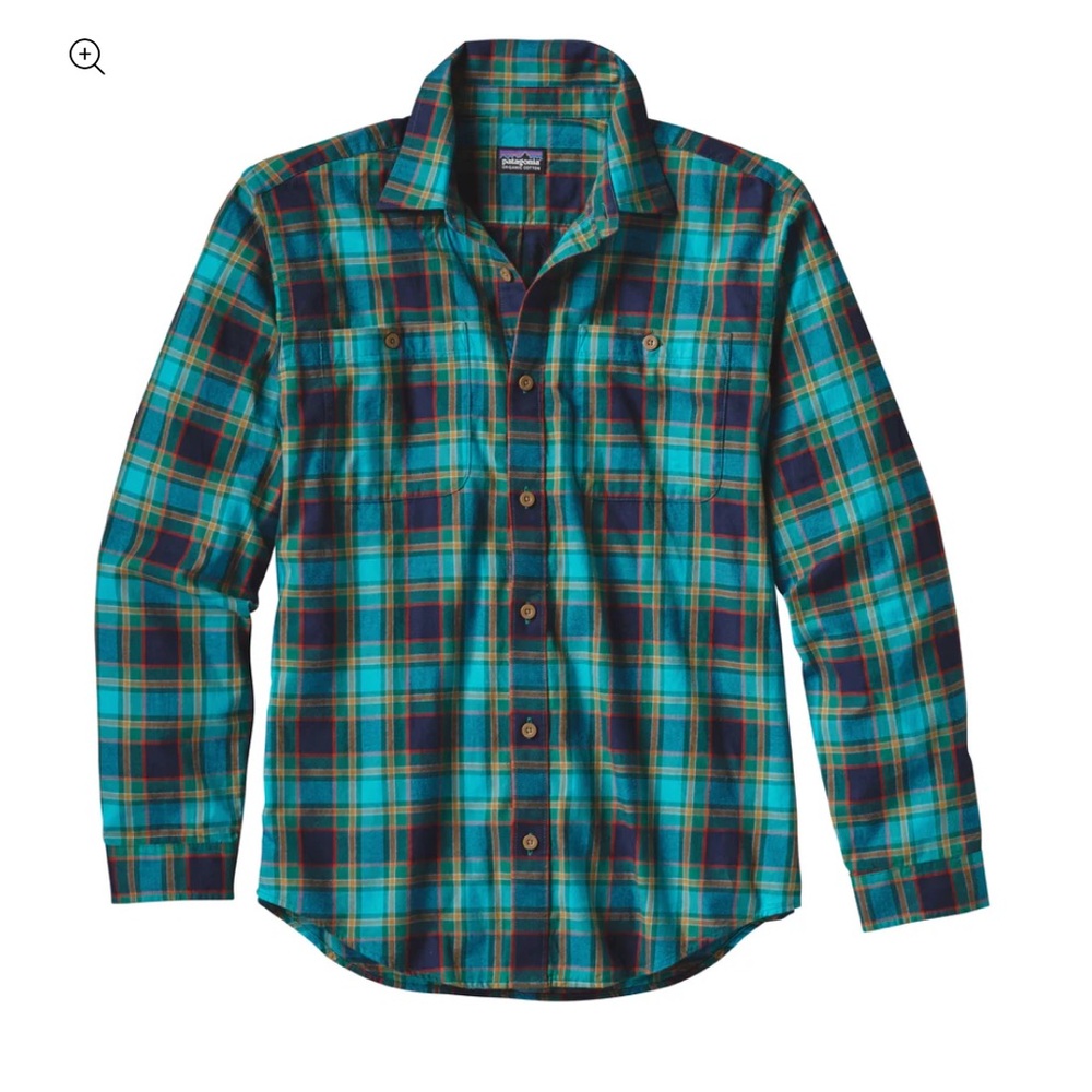 Patagonia Organic Pimo Cotton Teal and Navy Plaid Button-Down Shirt